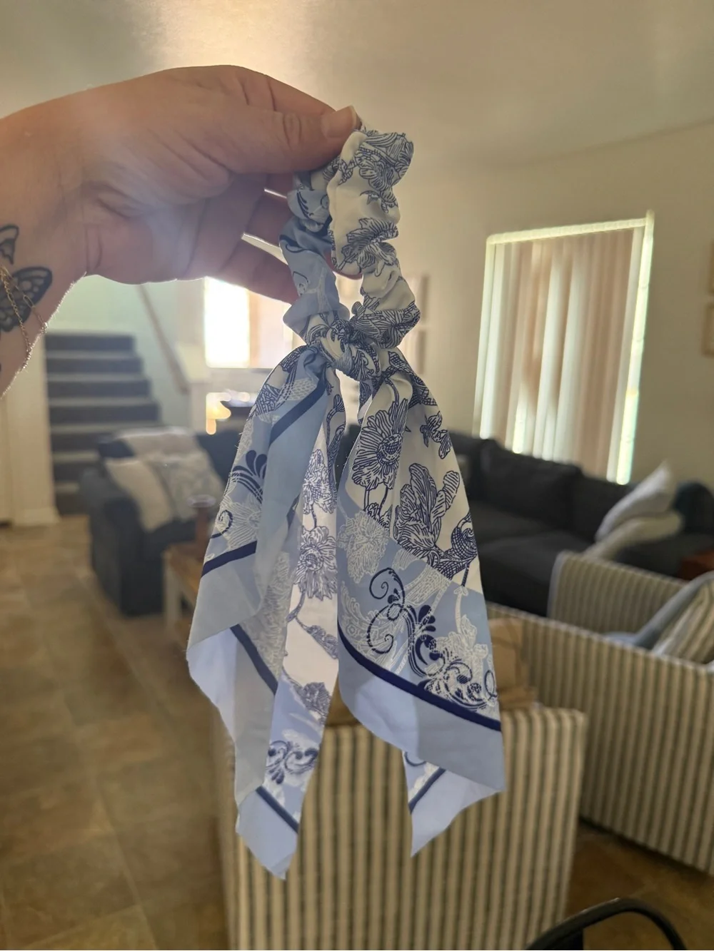 Silky Blue Floral Scarf Scrunchie